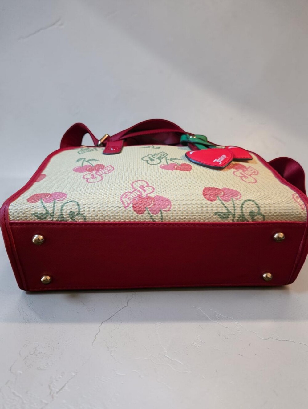 Juicy Couture Pink Cherry Print Satchel with Heart Charm - Picture 8 of 11